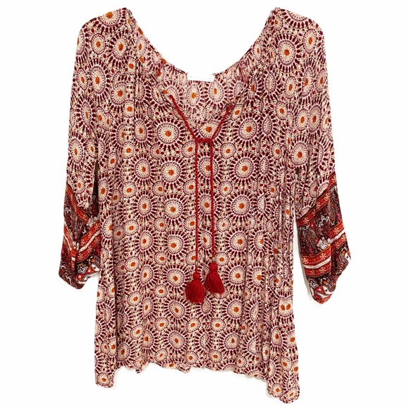 mettle Tops - Mettle | Boho Peasant Tunic Circle Tie Red White Size Medium
